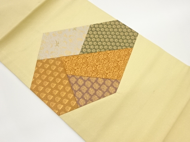 切り嵌め金通し名物裂模様織出し開き名古屋帯（額縁仕立て）